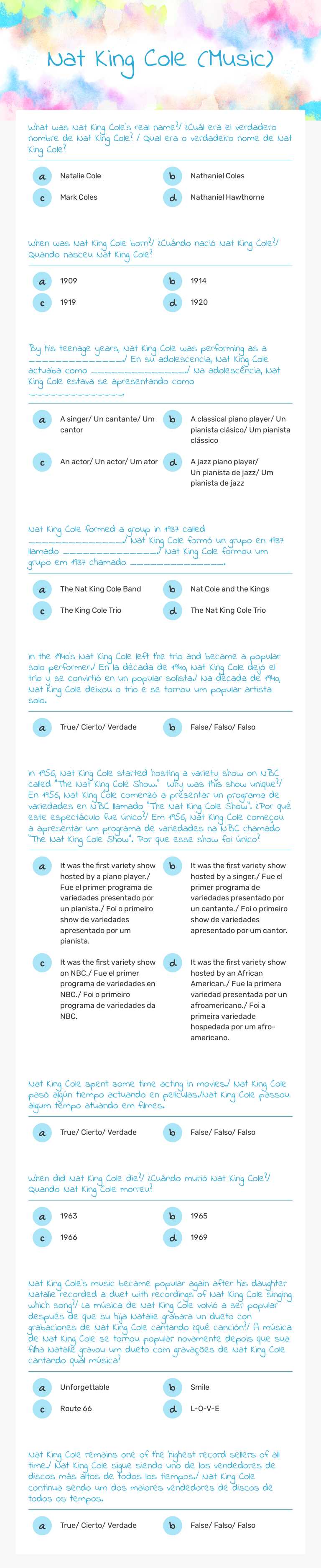 Nat King Cole (Music) worksheet preview image