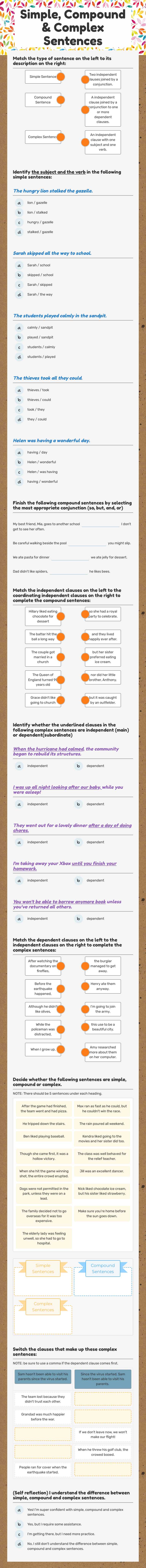 Simple, Compound & Complex Sentences Grade 5 worksheet preview