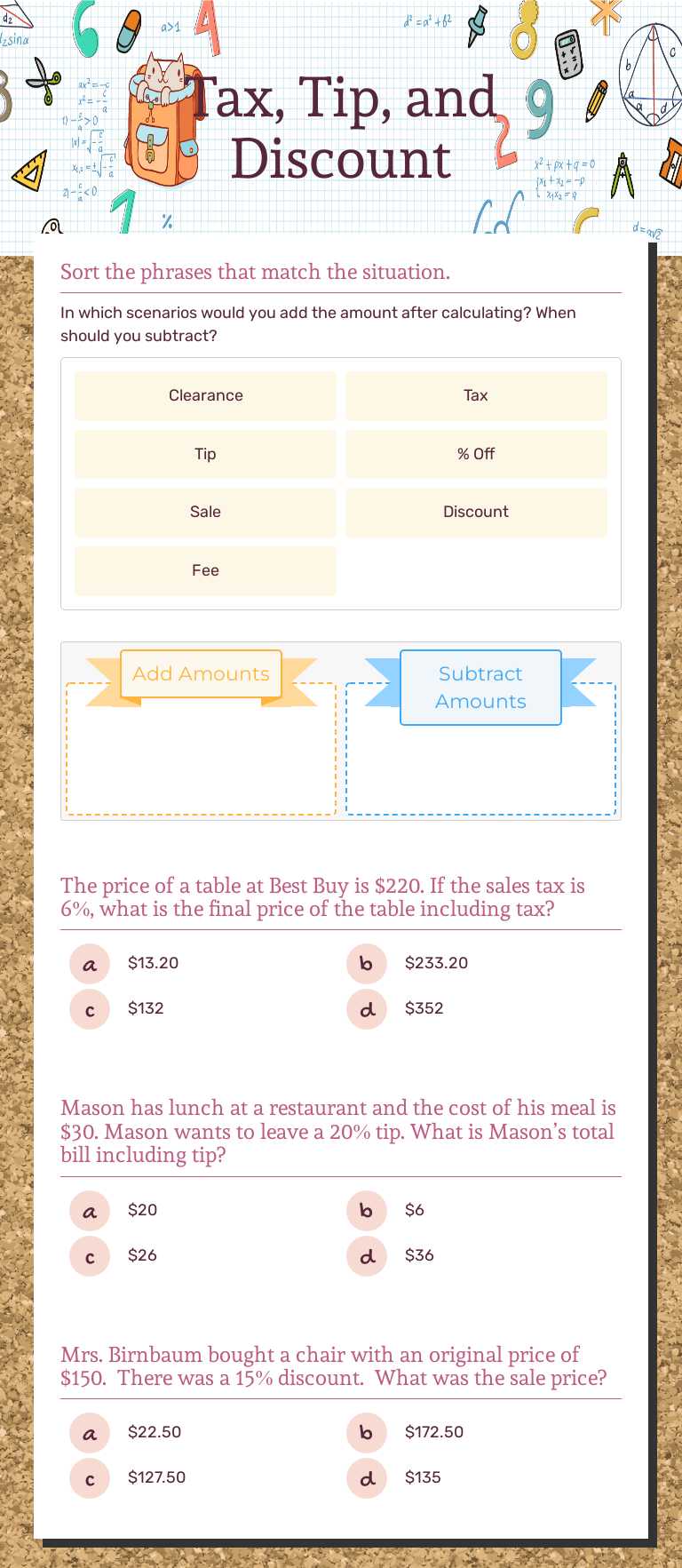 Tax, Tip, and Discount worksheet preview image