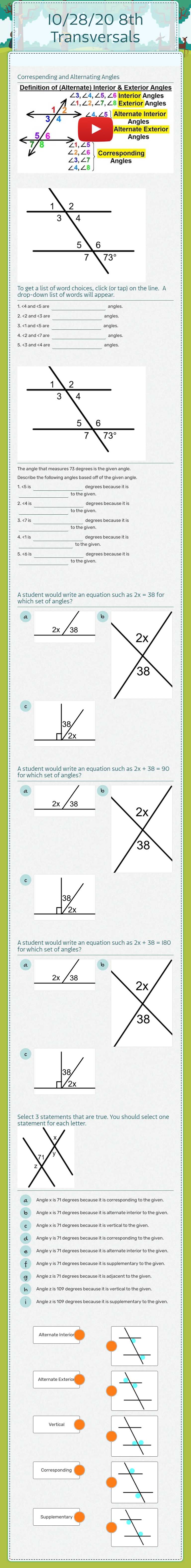 10/28/20 8th Transversals Grade 8 worksheet preview