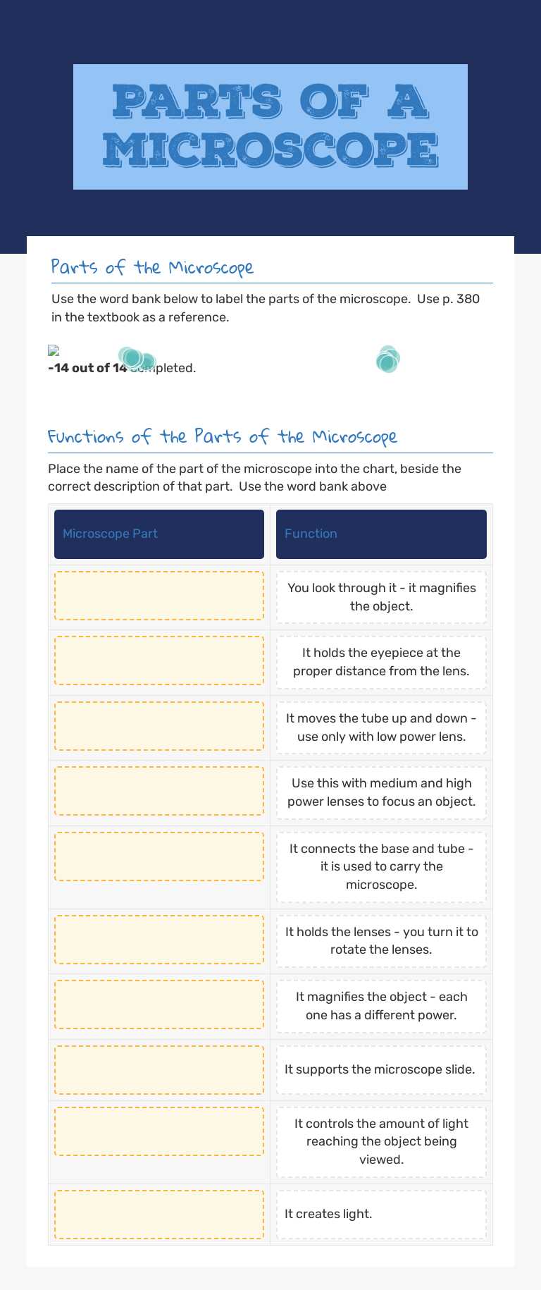 Parts of a Microscope worksheet preview image