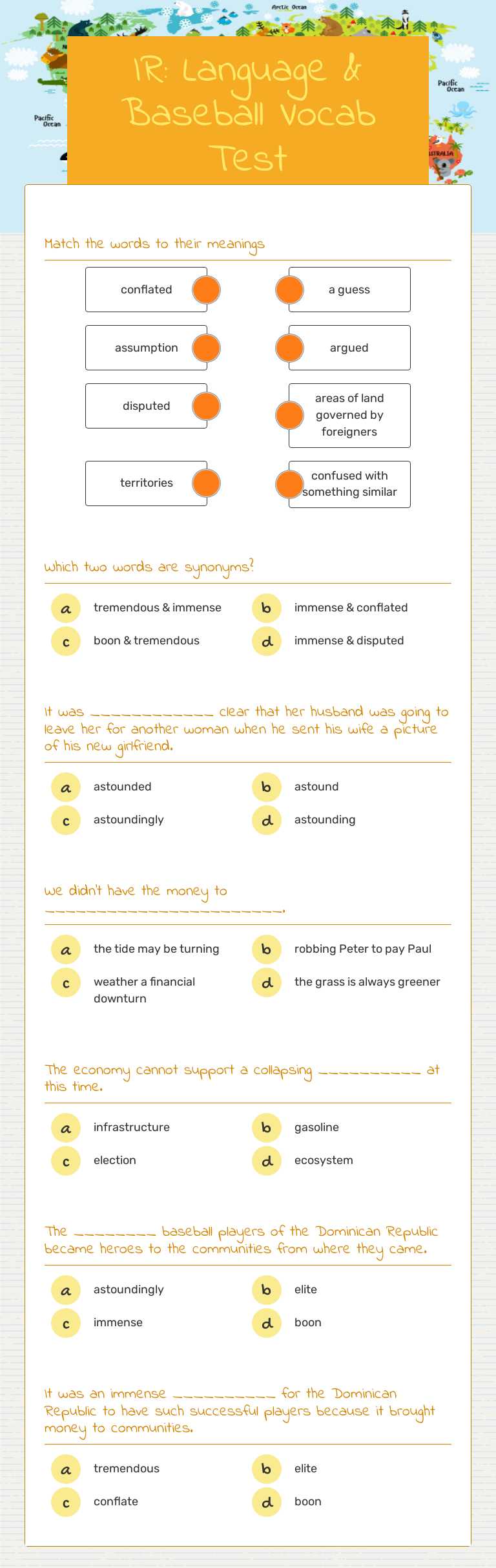 IR: Language & Baseball Vocab Test worksheet preview