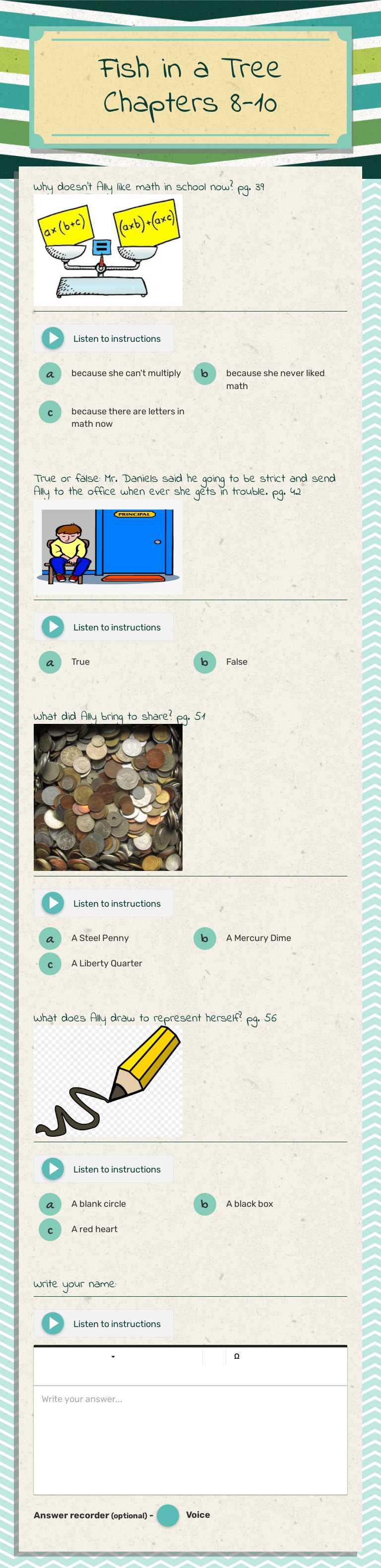 Fish in a Tree Chapters 8-10 Grade 5 worksheet preview