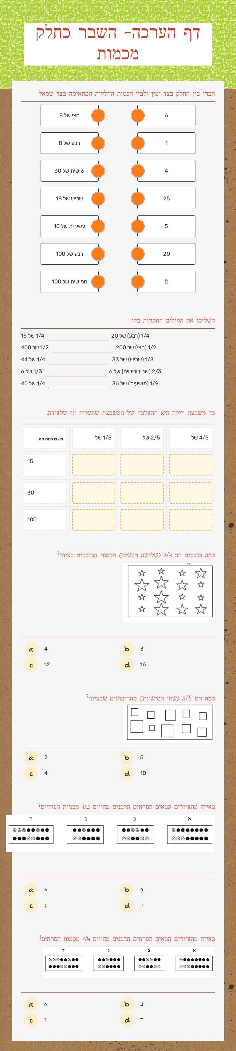 דף הערכה- השבר כחלק מכמות worksheet preview image