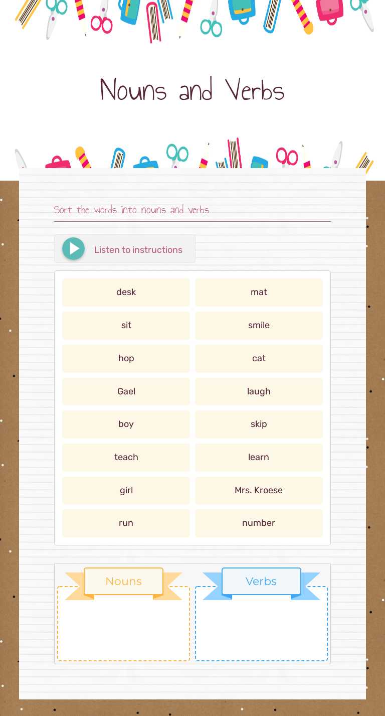 Nouns and Verbs Grade 1 worksheet preview
