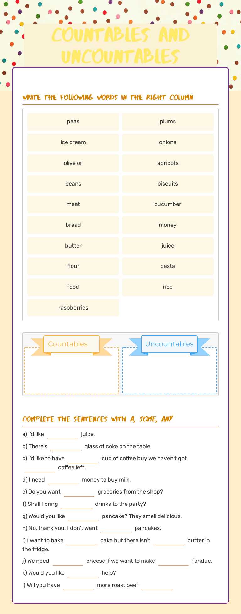 Countables and Uncountables worksheet preview image