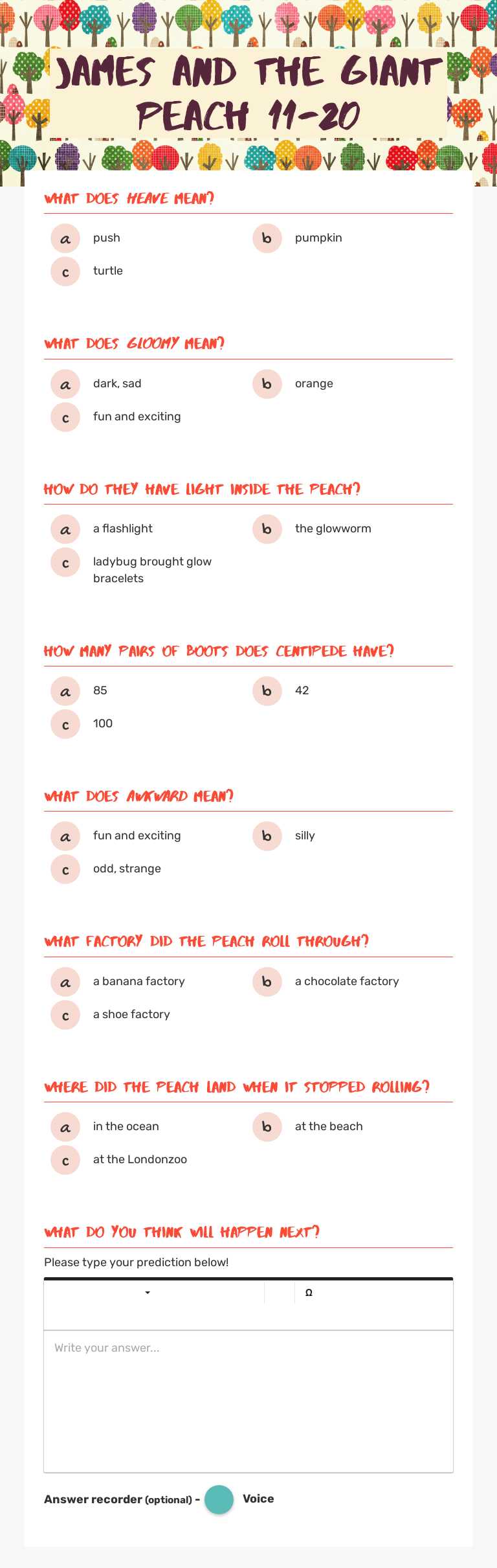 James and the Giant Peach 11-20 Grade 3 worksheet preview