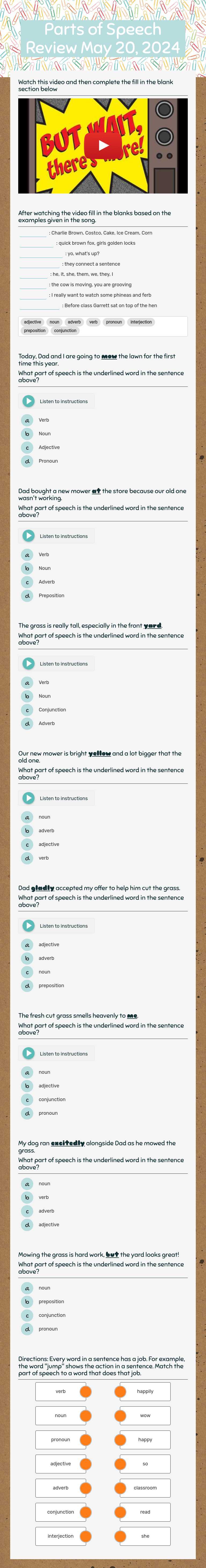 Parts of Speech Review May 20, 2024 worksheet preview image