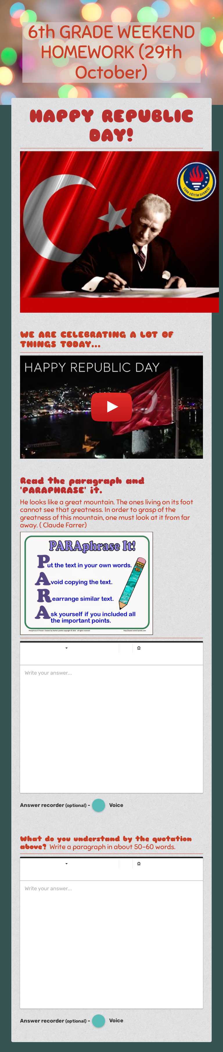 6th GRADE WEEKEND HOMEWORK (29th October) worksheet preview image