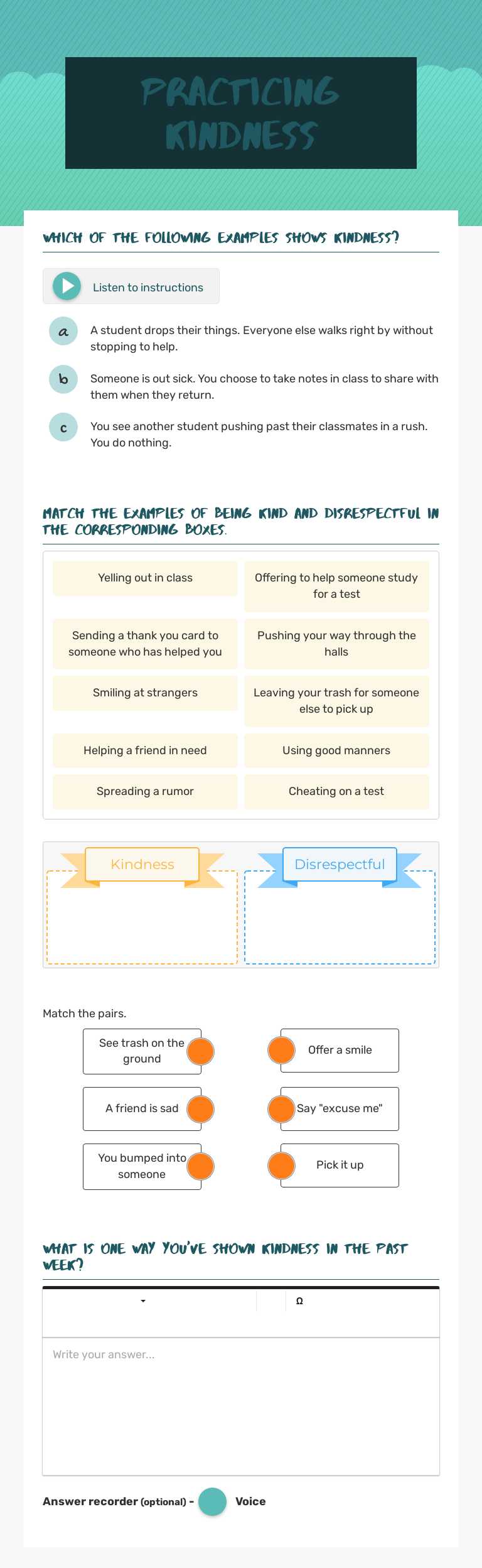 Practicing Kindness Grade 5 worksheet preview
