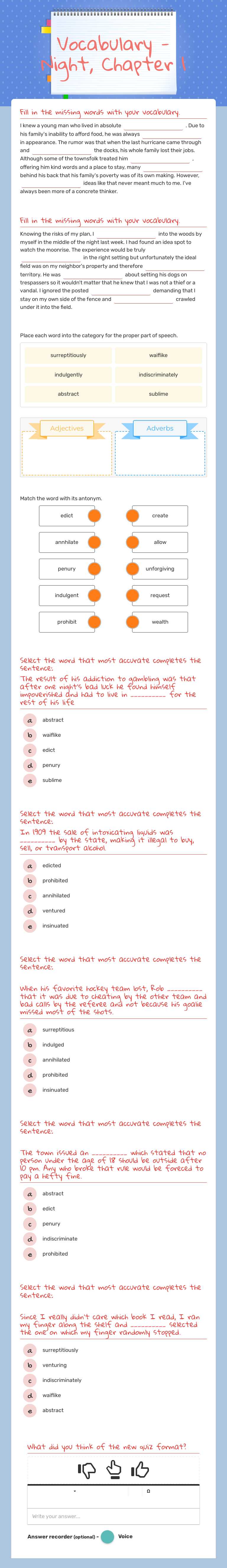Vocabulary - Night, Chapter 1 worksheet preview image