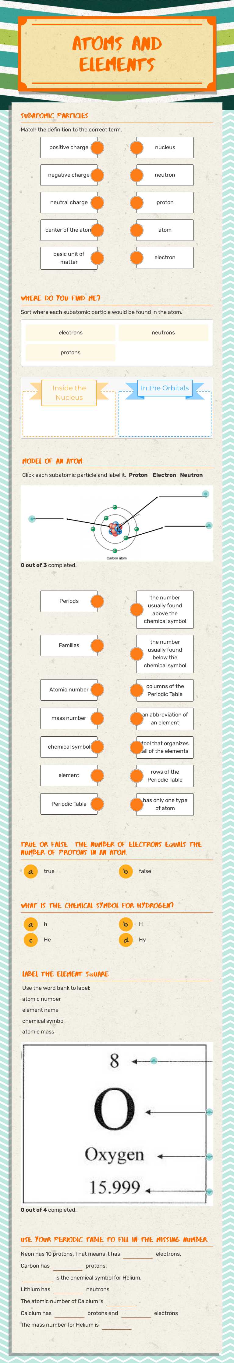 Atoms and elements worksheet preview image