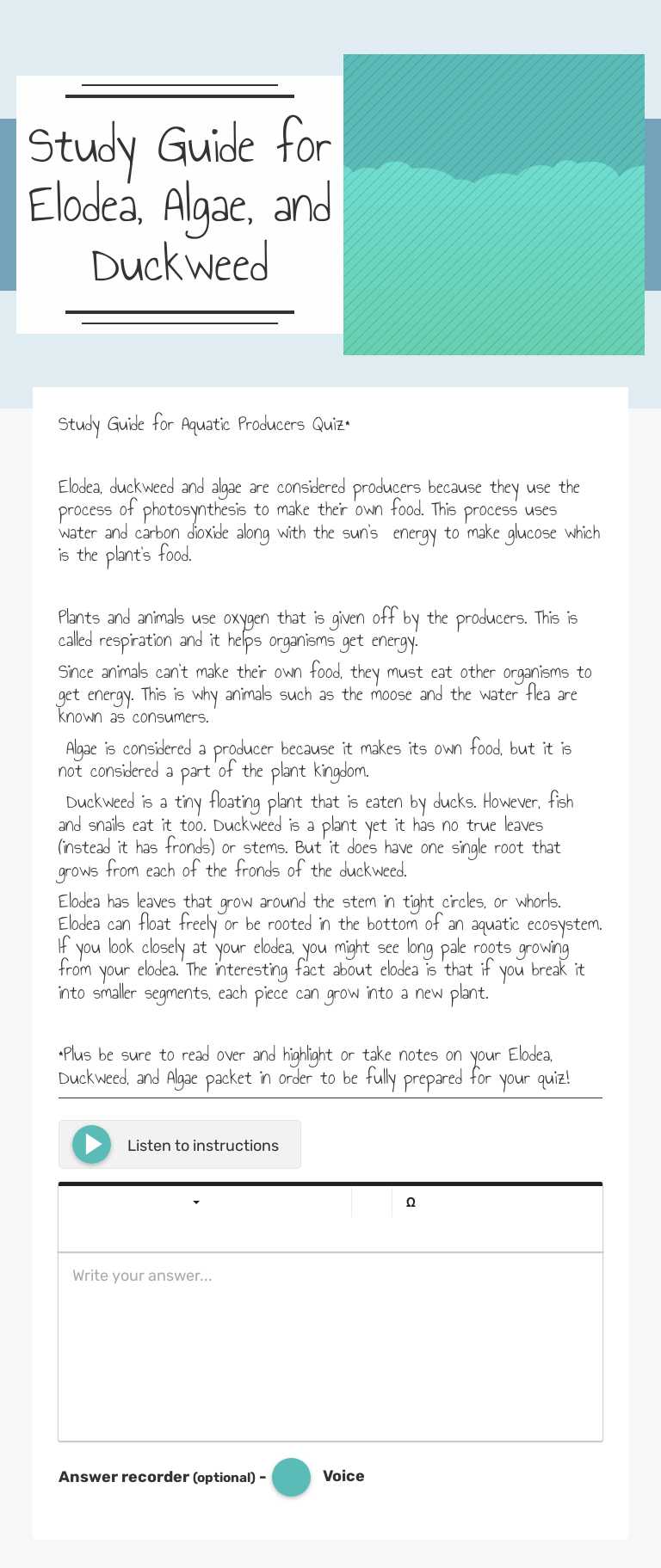 Study Guide for Elodea, Algae, and Duckweed worksheet preview image