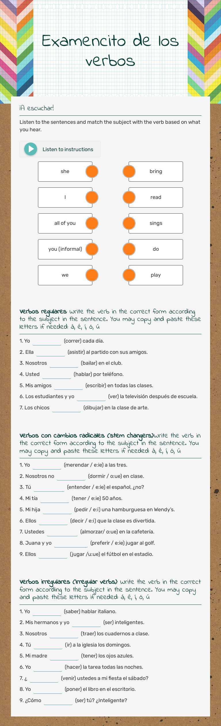 Examencito de los verbos worksheet preview image