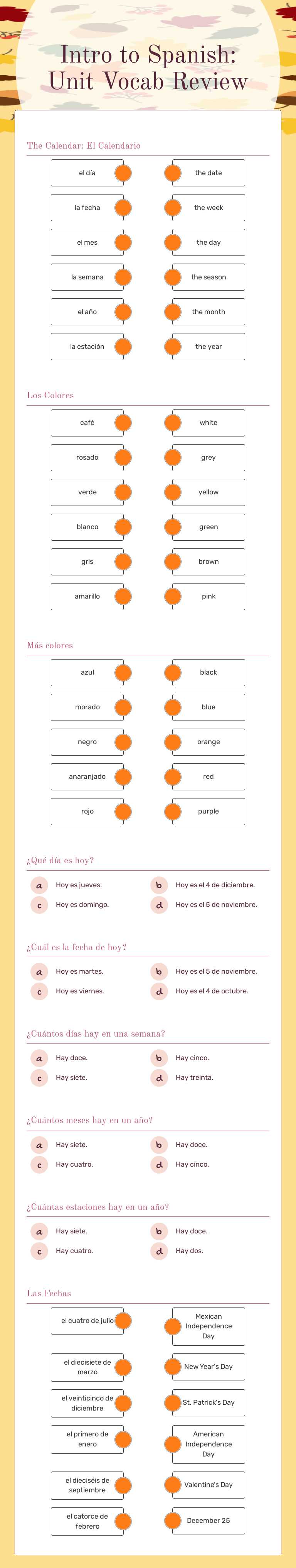 Intro to Spanish: Unit Vocab Review Grade 6 worksheet preview