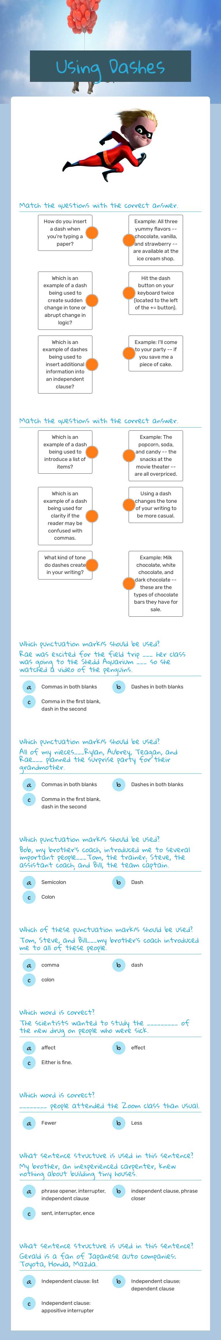 Using Dashes Grade 7 worksheet preview