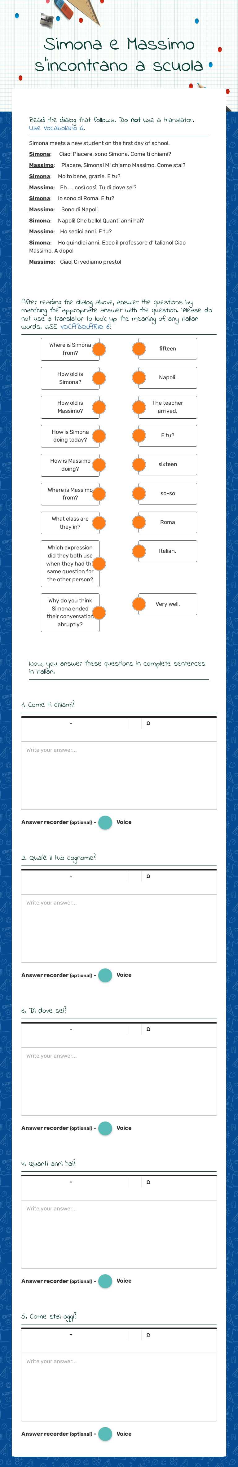Simona e Massimo s'incontrano a scuola worksheet preview image
