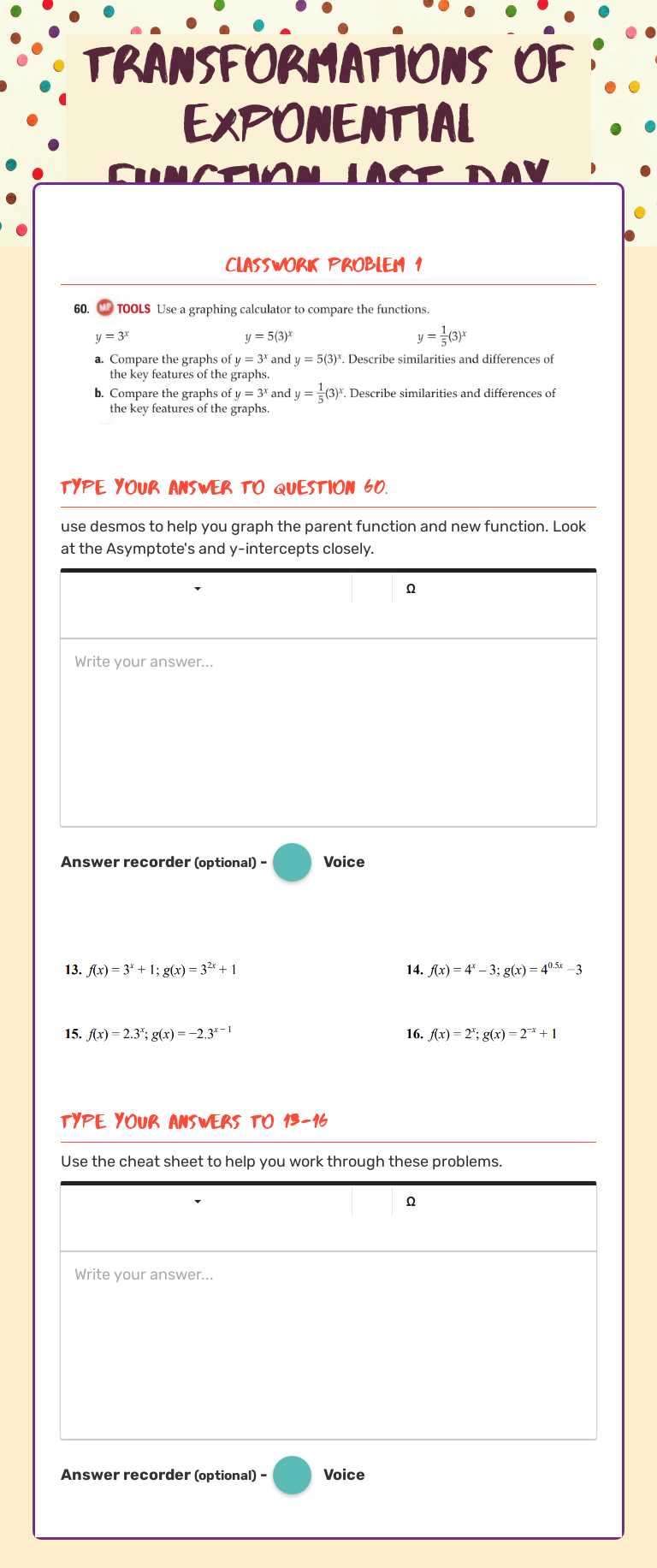transformations of Exponential function last day worksheet preview image