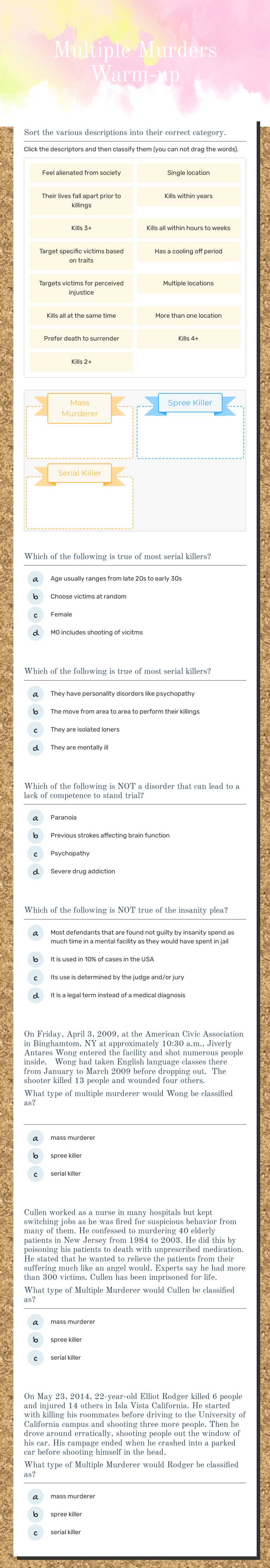 Multiple Murders Warm-up Grade 11 worksheet preview