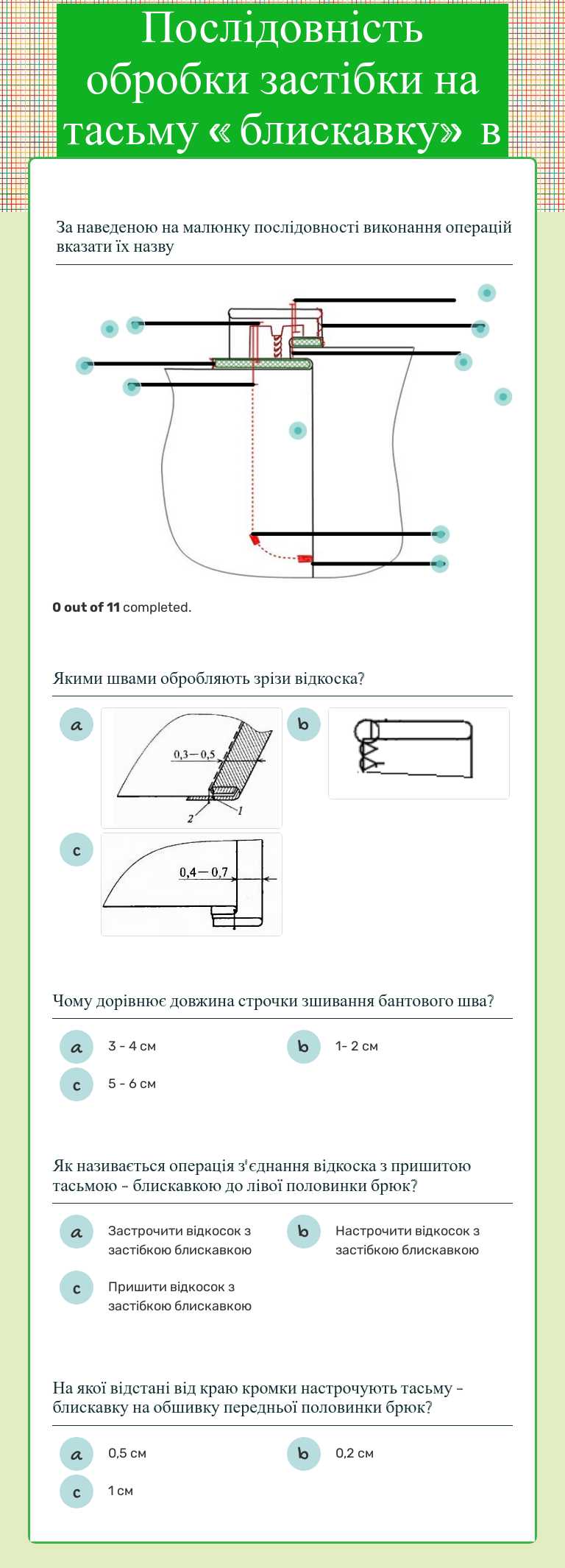 Послідовність обробки застібки на тасьму «блискавку» в брюках. worksheet preview image