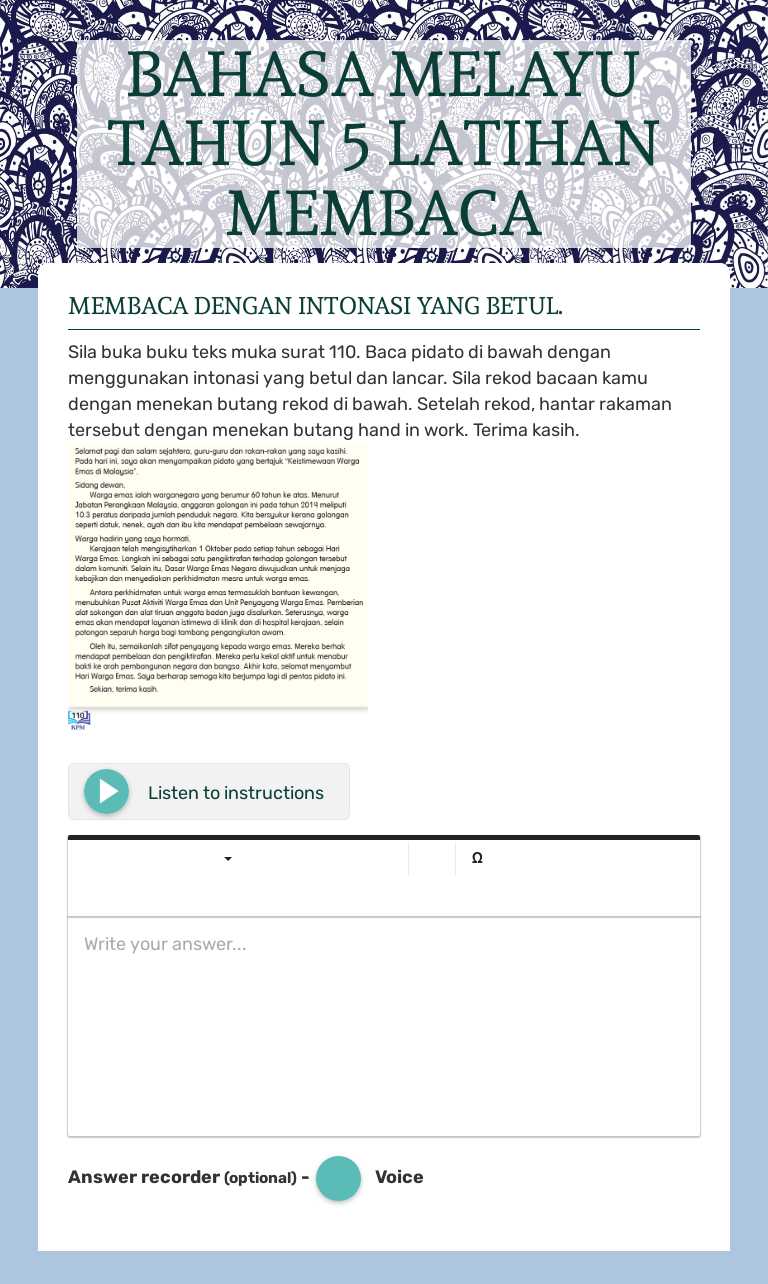 BAHASA MELAYU TAHUN 5 LATIHAN MEMBACA worksheet preview image