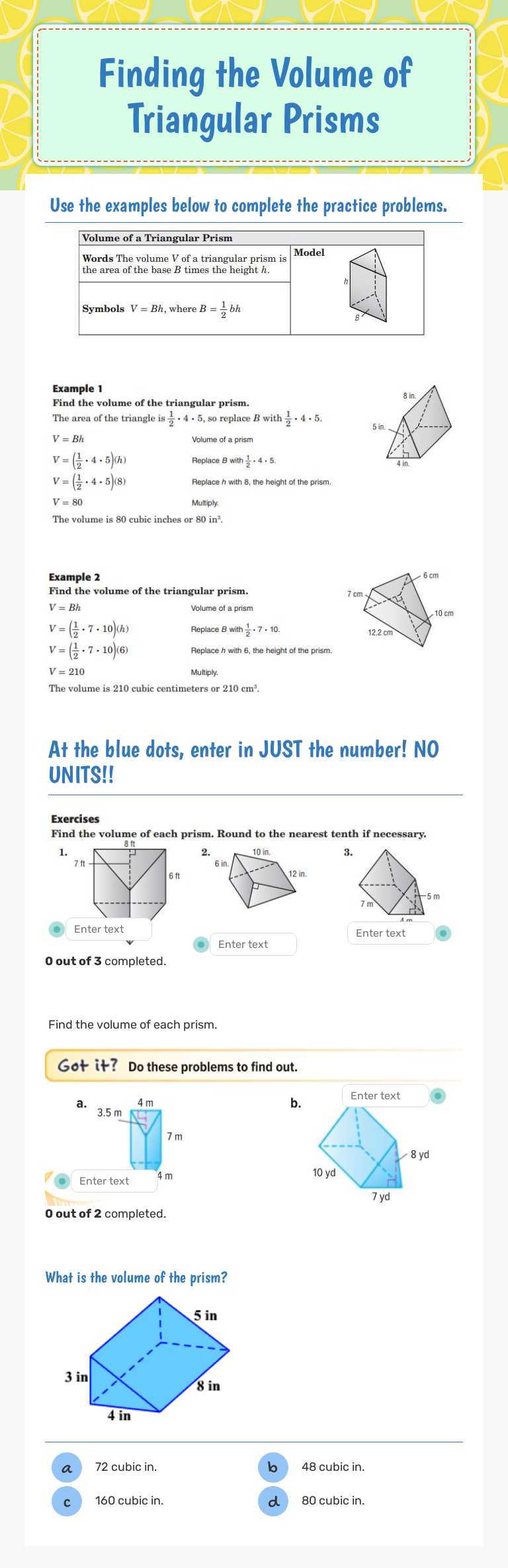 Finding the Volume of       Triangular Prisms worksheet preview image