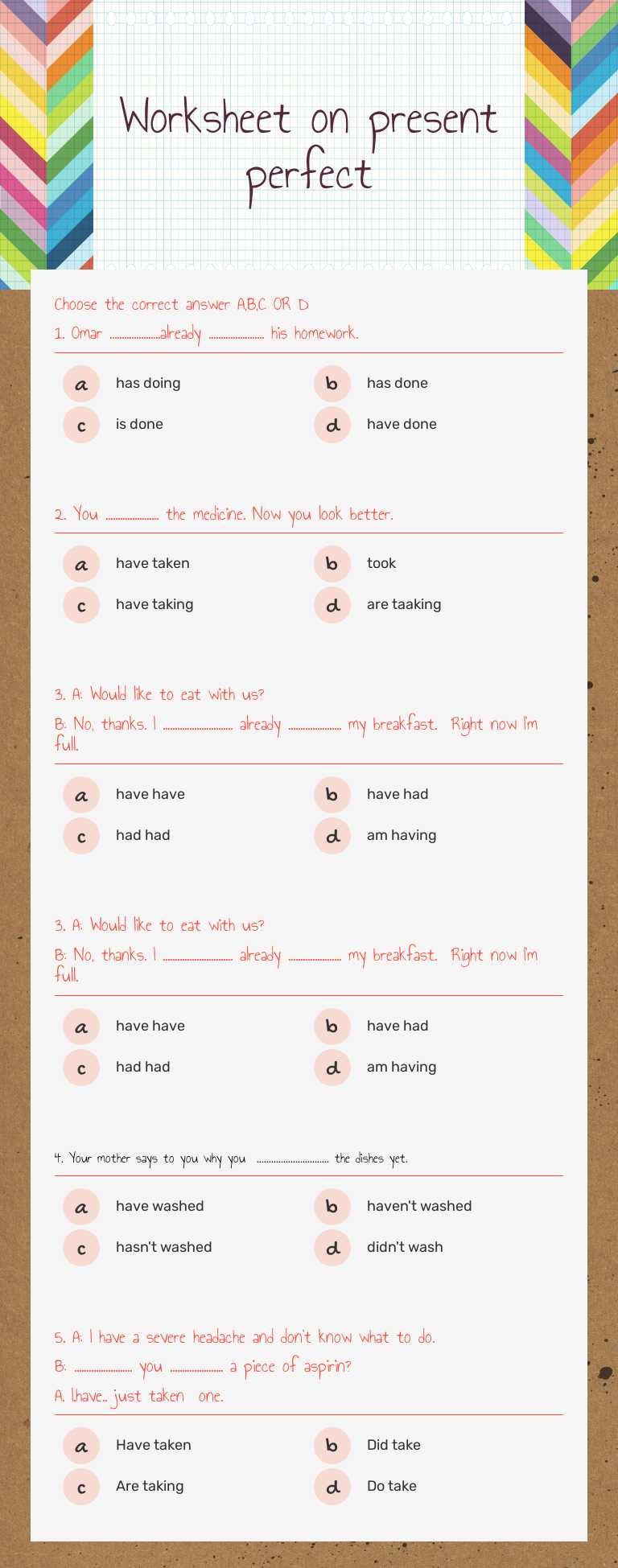 Worksheet on present perfect worksheet preview image