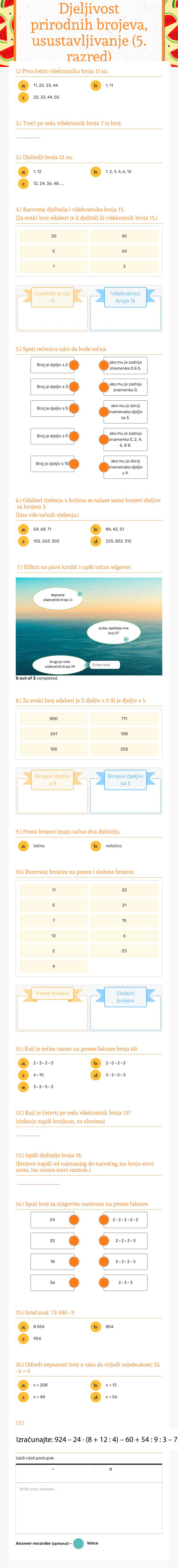 Djeljivost prirodnih brojeva,
usustavljivanje 
(5. razred) Grade 5 worksheet preview