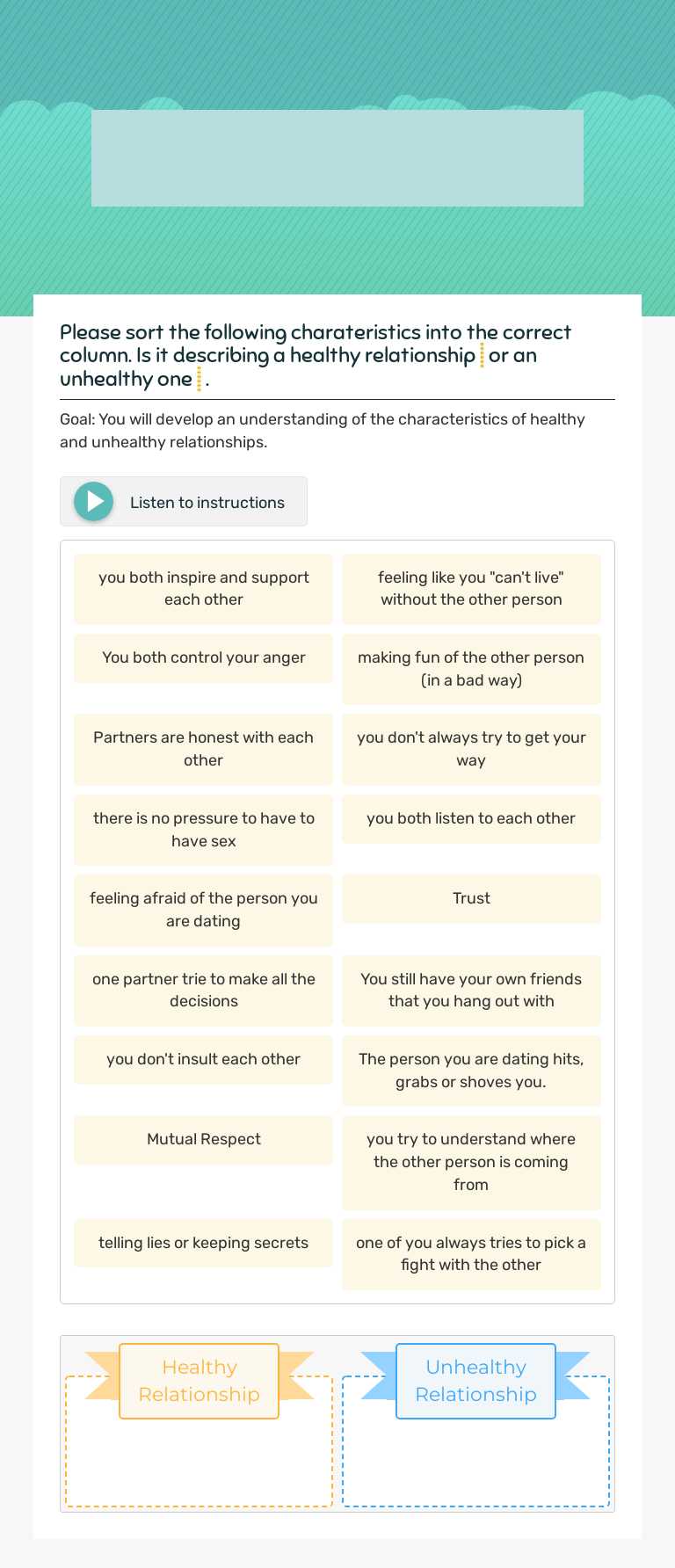 Healthy Vs Unhealthy relationships worksheet preview image