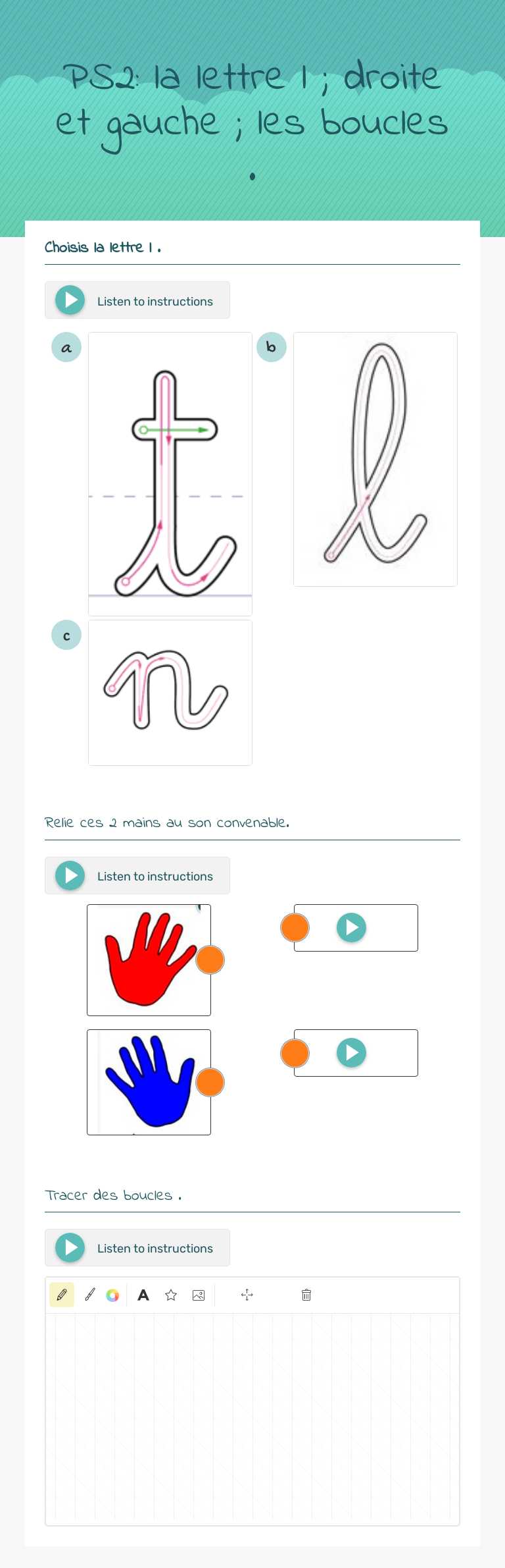 PS2: la lettre l ;     
 droite et gauche ;     
les boucles . Preschool worksheet preview