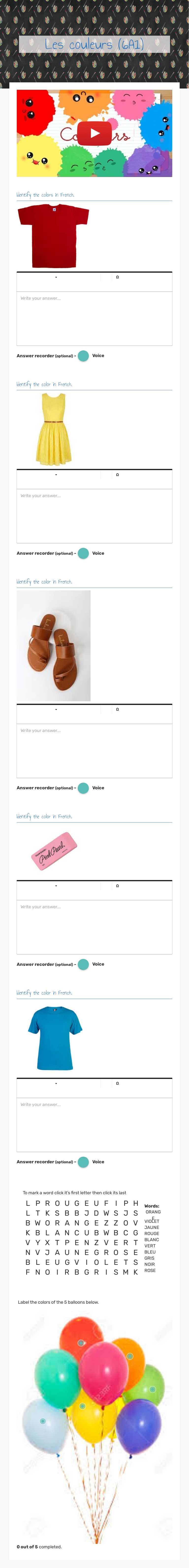 Les 
couleurs (6A1) worksheet preview image