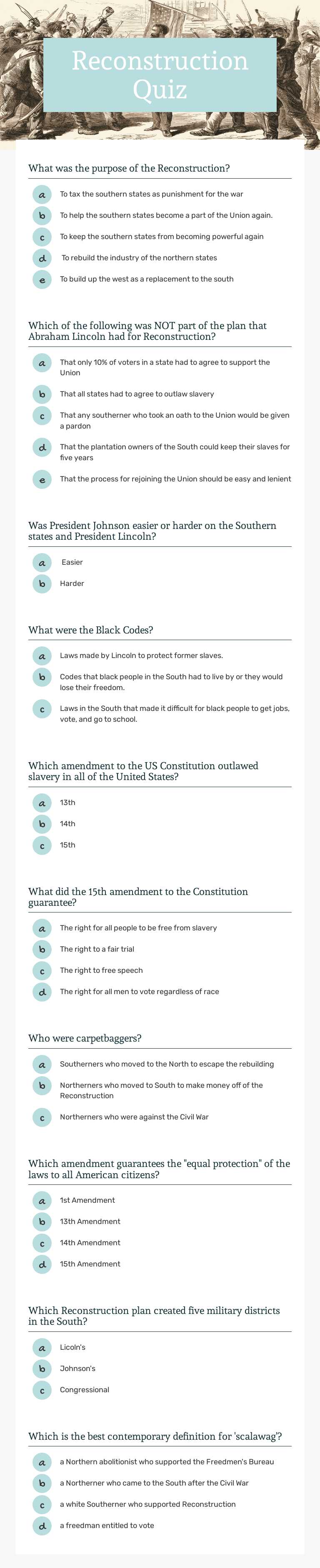 Reconstruction Quiz Grade 5 worksheet preview