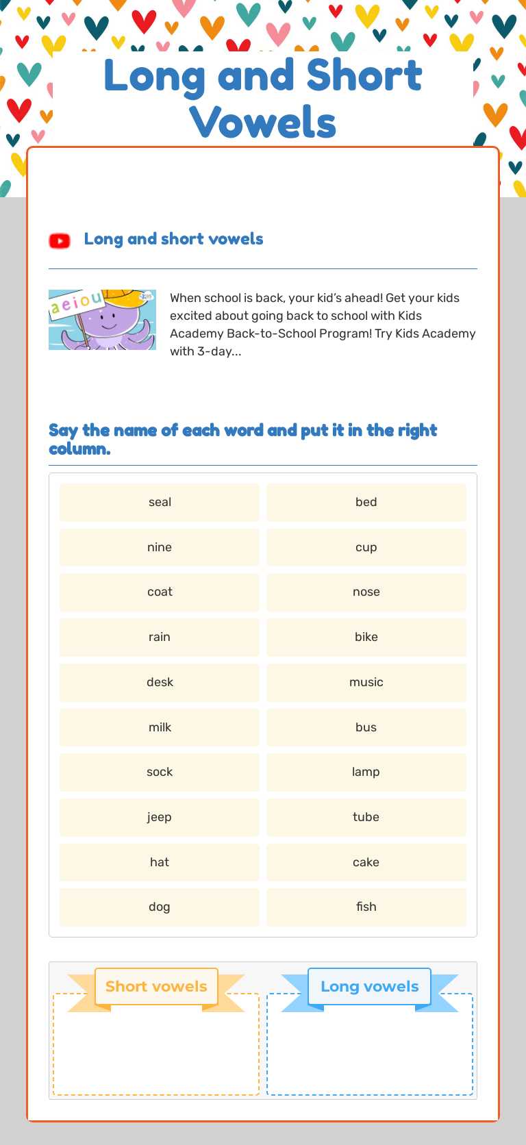 Long and Short Vowels Grade 4 worksheet preview