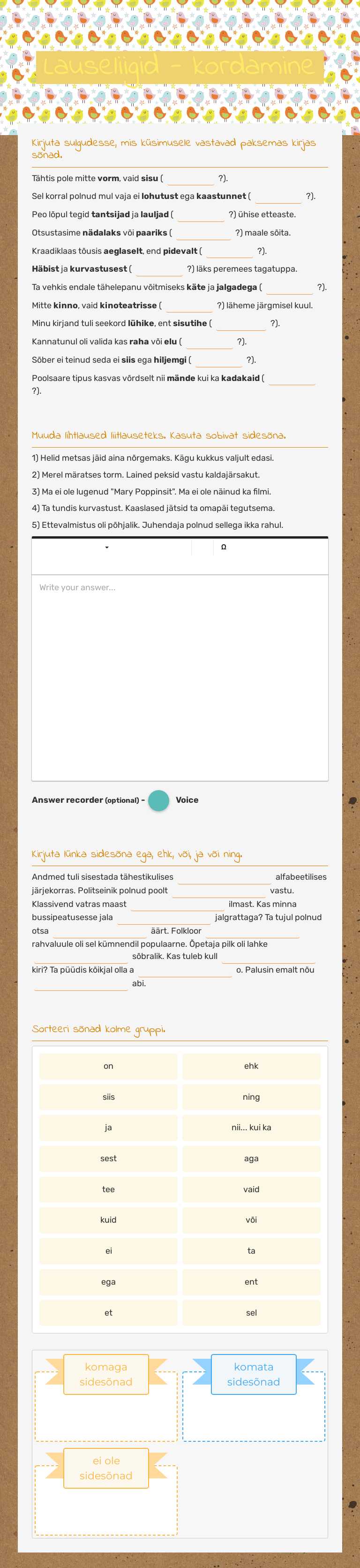 Lauseliigid - kordamine worksheet preview image