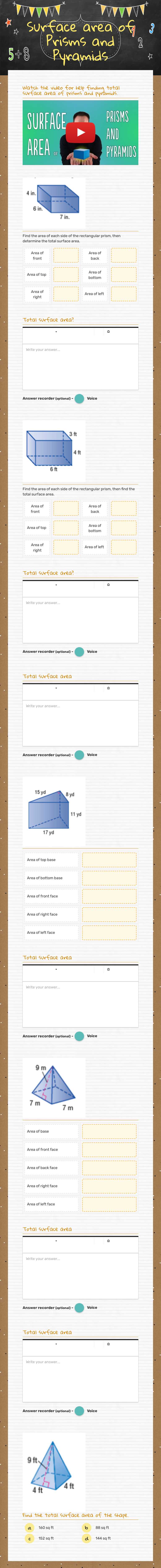 Surface area of  Prisms and Pyramids worksheet preview image