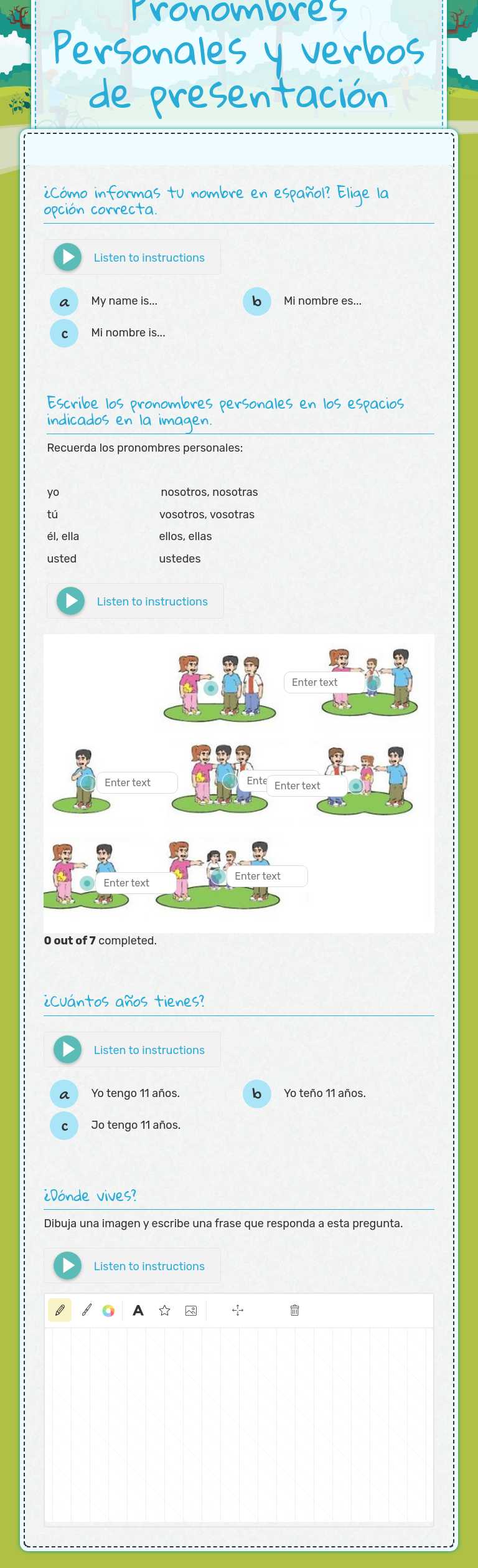 Pronombres Personales y verbos de presentación worksheet preview image