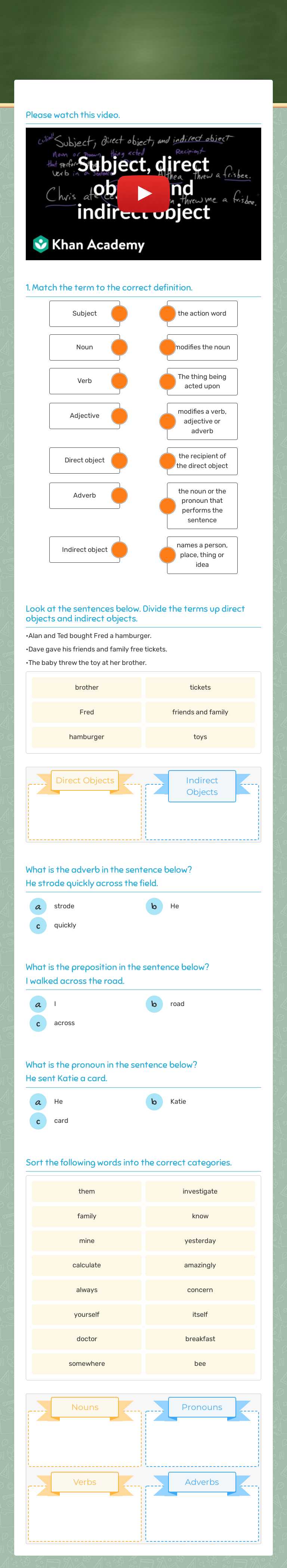 DIRECT and indirect objects Grade 7 worksheet preview