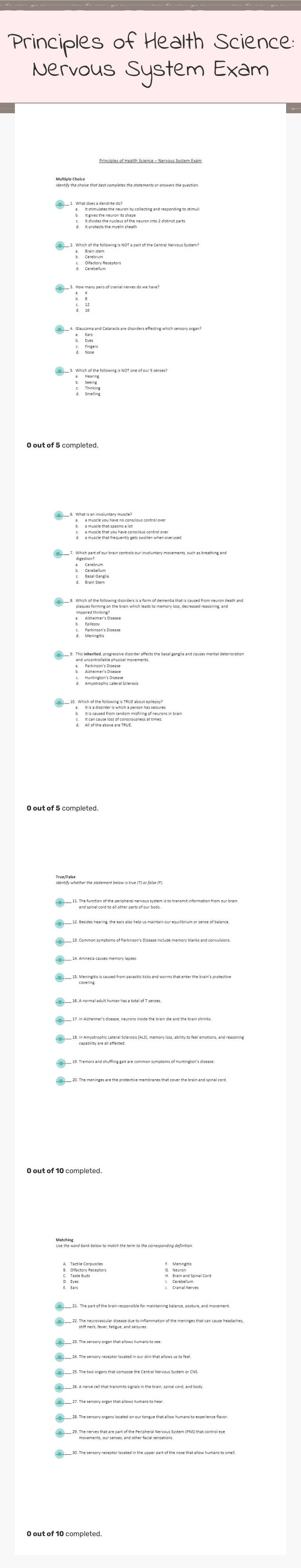 Principles of Health Science:
Nervous System Exam worksheet preview image