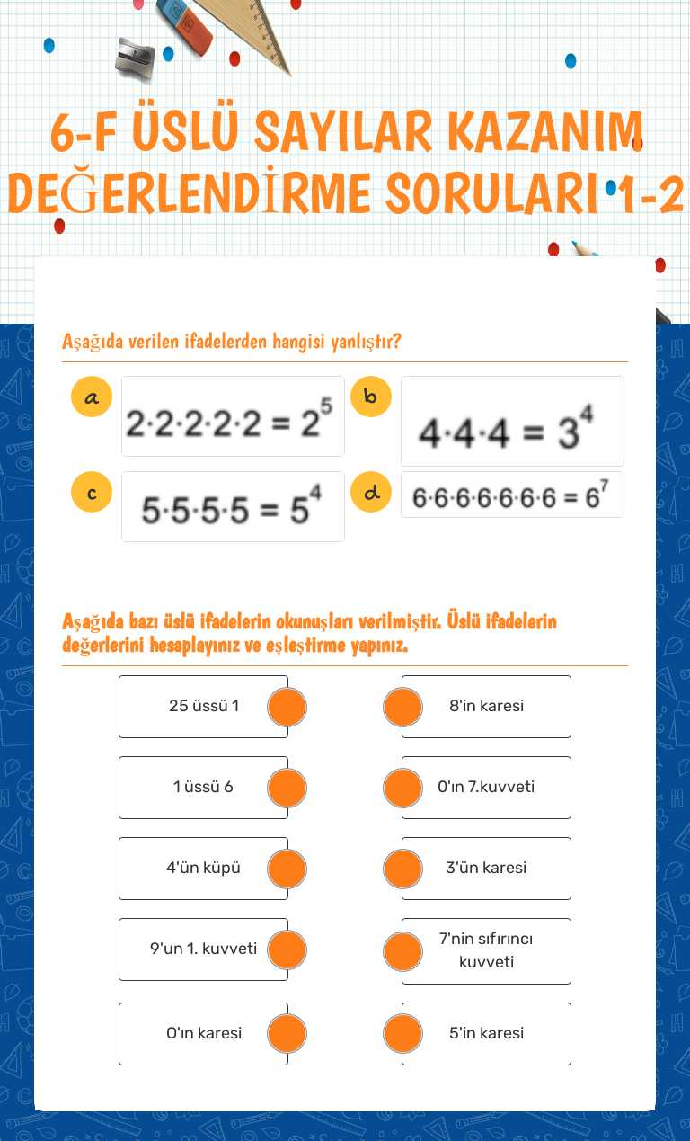 6-F ÜSLÜ SAYILAR KAZANIM DEĞERLENDİRME SORULARI 1-2 Grade 6 worksheet preview