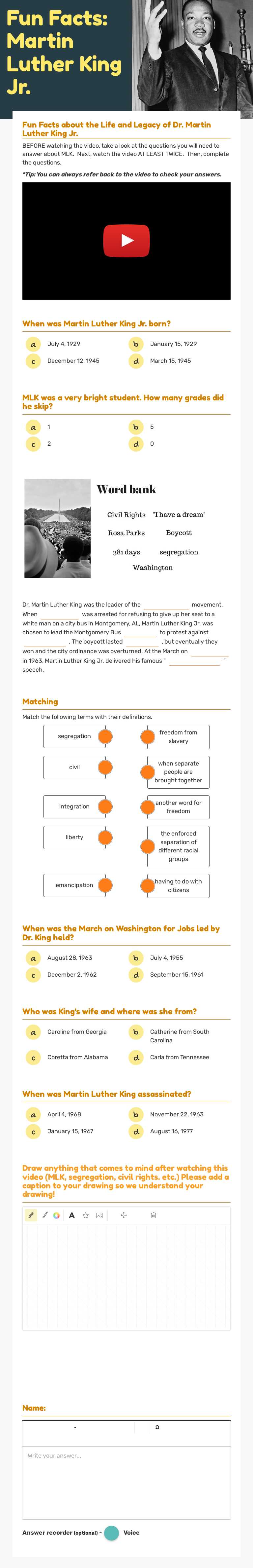 Fun Facts: Martin Luther King Jr. worksheet preview image