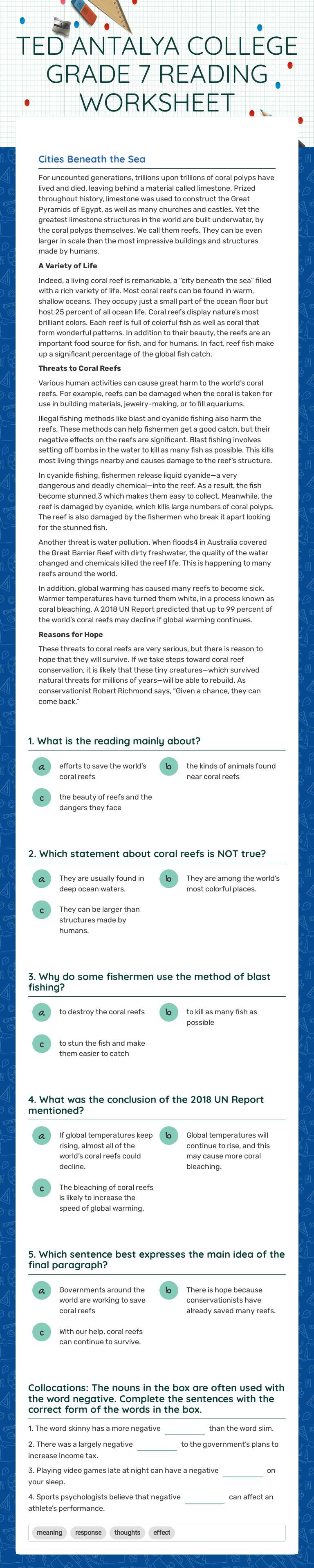 TED ANTALYA COLLEGE GRADE 7 READING WORKSHEET worksheet preview image