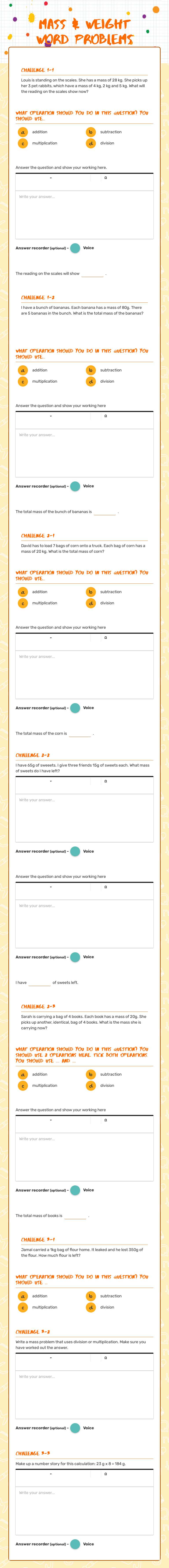 Mass & weight word problems worksheet preview image