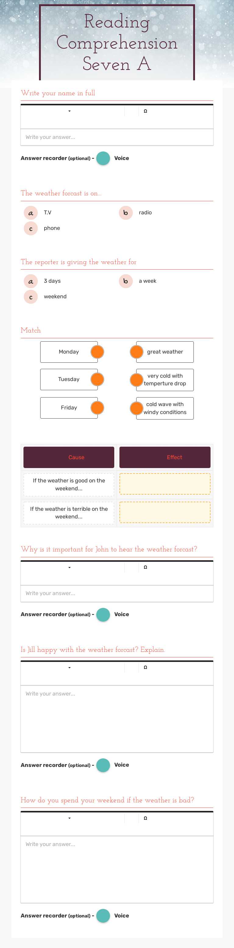 Reading Comprehension Seven A worksheet preview image