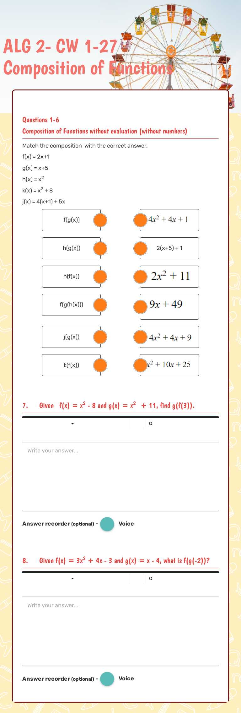 ALG 2- CW 1-27 Composition                              of Functions worksheet preview image