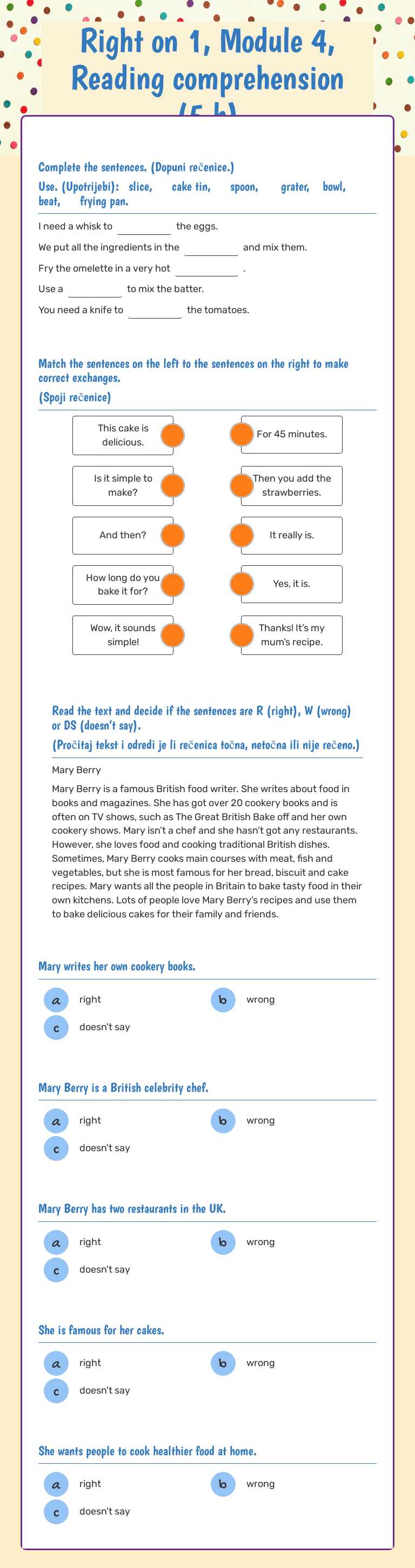 Right on 1, Module 4, Reading comprehension (5.b) worksheet preview image