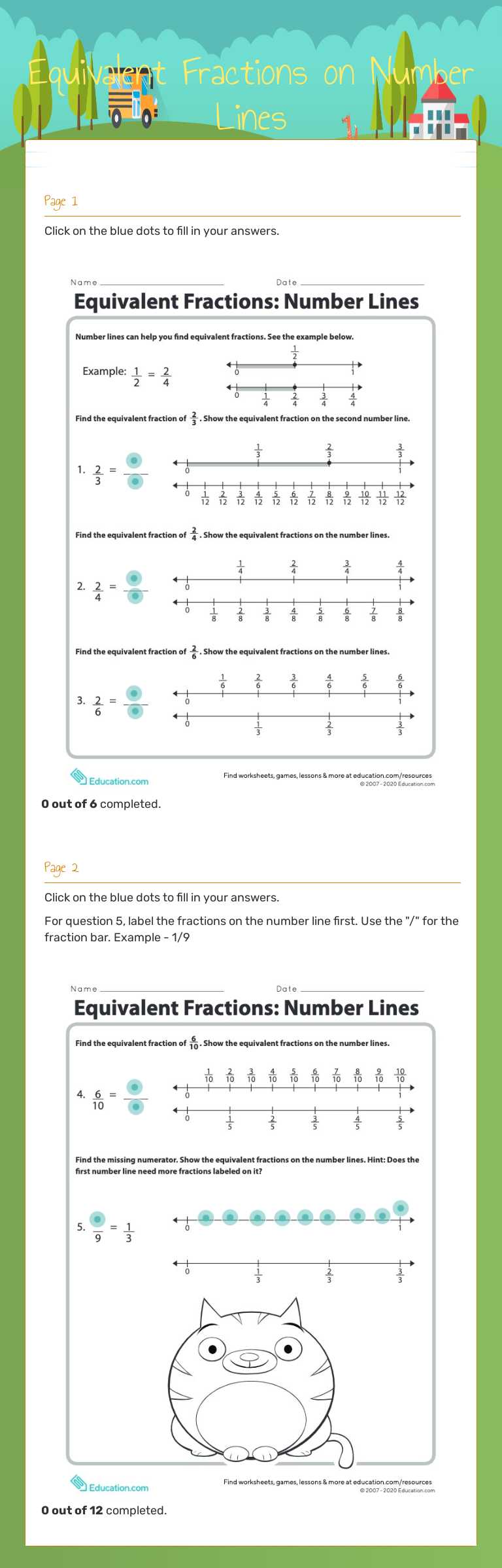 Equivalent Fractions on Number Lines worksheet preview image