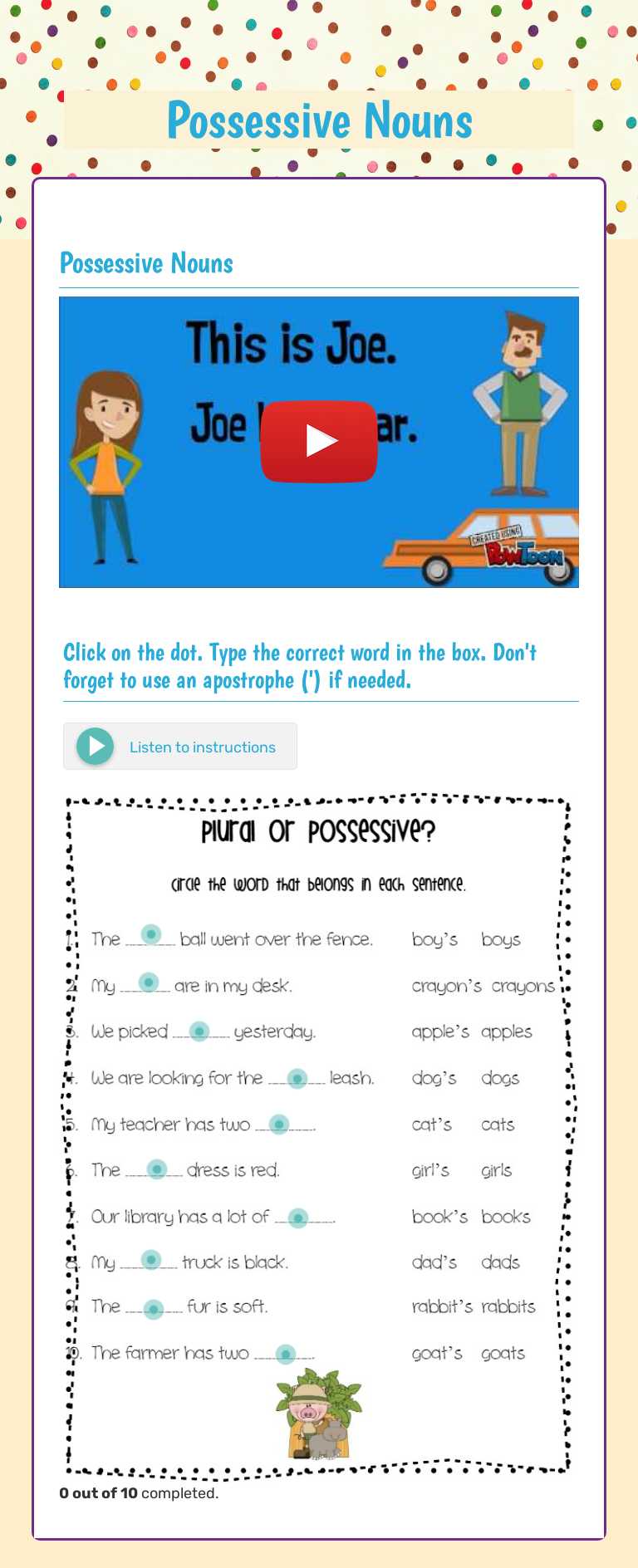 Possessive Nouns Grade 1 worksheet preview