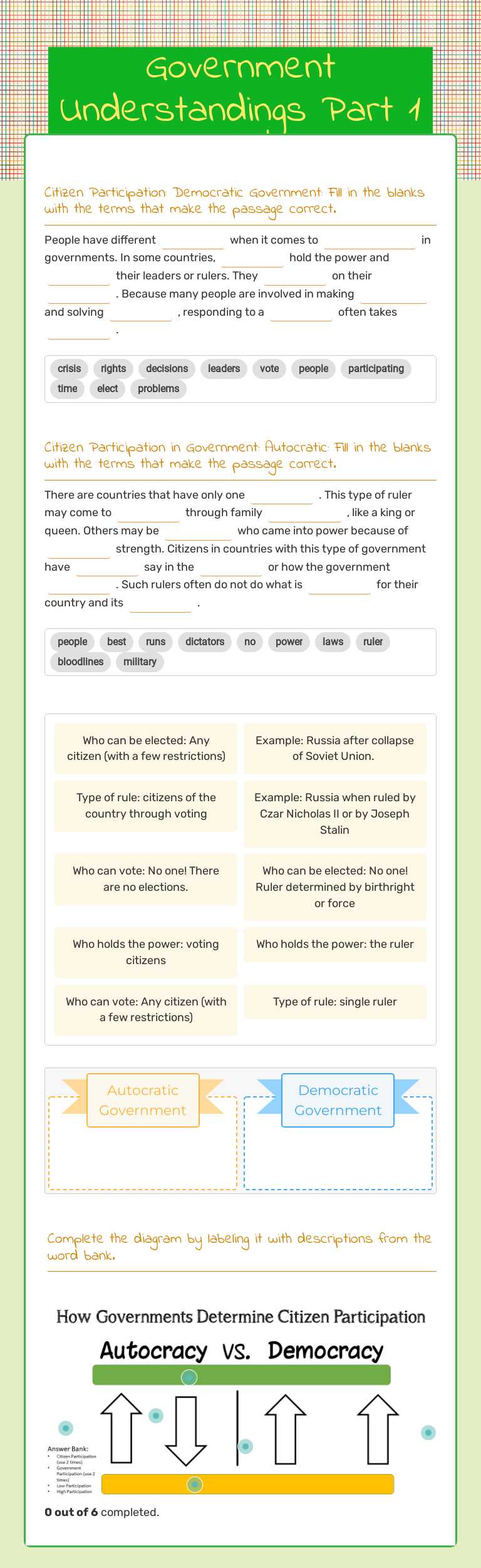 Government Understandings Part 1 worksheet preview image