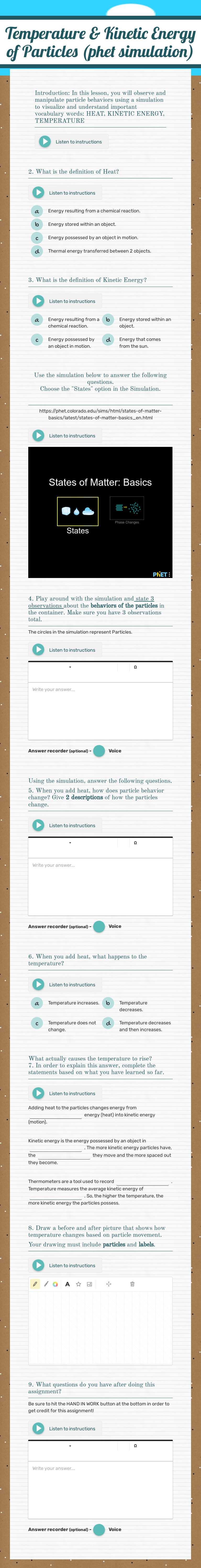 Temperature & Kinetic Energy of Particles (phet simulation) Grade 10 worksheet preview