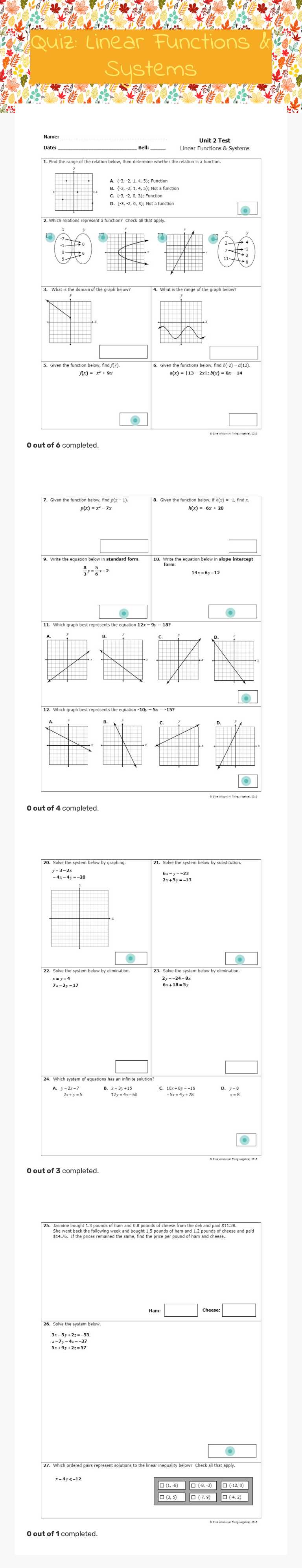 Quiz: Linear Functions & Systems worksheet preview